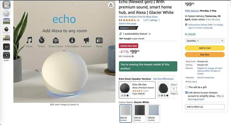 Amazon: Echo (4th Gen) (Newest Gen) – Now $99 – 41% Off